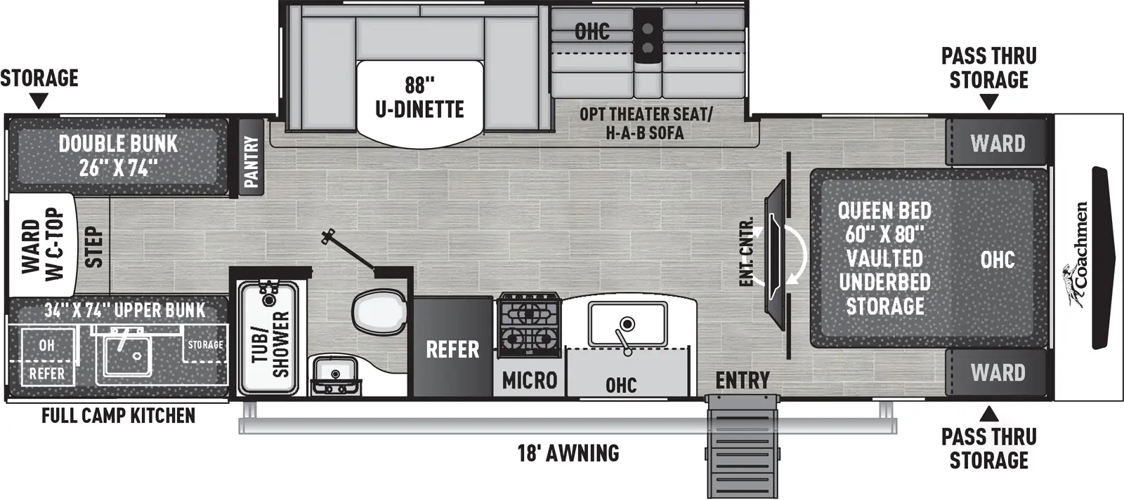 The 292BHDS has one slideout and one entry. Exterior features front pass-thru storage, 18 foot awning, full camp kitchen with overhead cabinet, refrigerator, sink and storage, and rear off-door side storage. Interior layout front to back: foot-facing queen bed with vaulted underbed storage, overhead cabinet, and wardrobes on either side of the bed; Island entertainment center with swivel television; off-door side slideout with optional theater seat/hide-a-bed sofa, overhead cabinet, and u-dinette, and pantry; door side entry, kitchen counter with sink, overhead cabinet, microwave, cooktop, refrigerator, and full bathroom; rear bunk room with off-door side double bunk, door side upper bunk, and rear wardrobe with countertop and step.